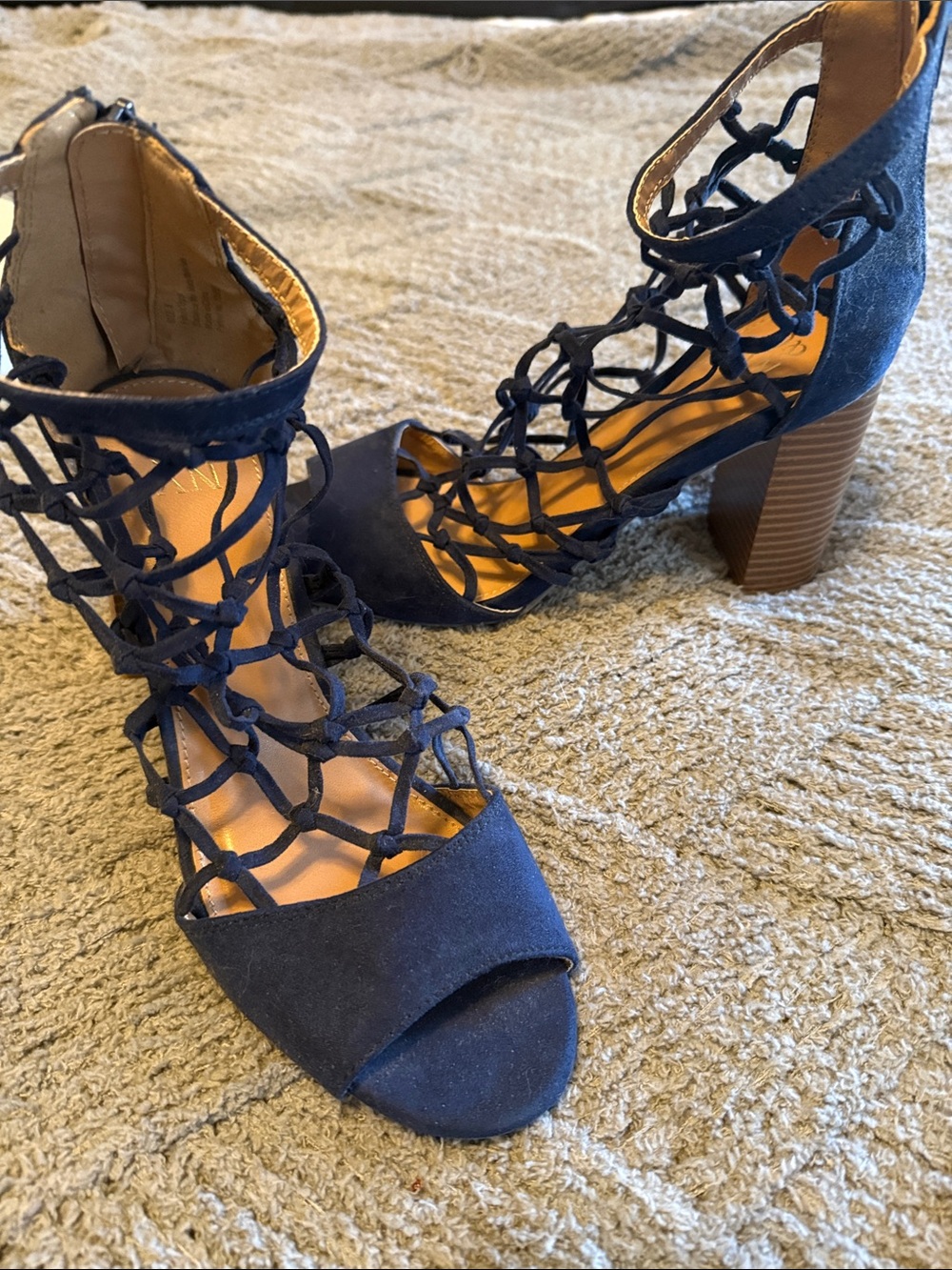Women's Navy Suede Lace-Up Block Heel Sandals